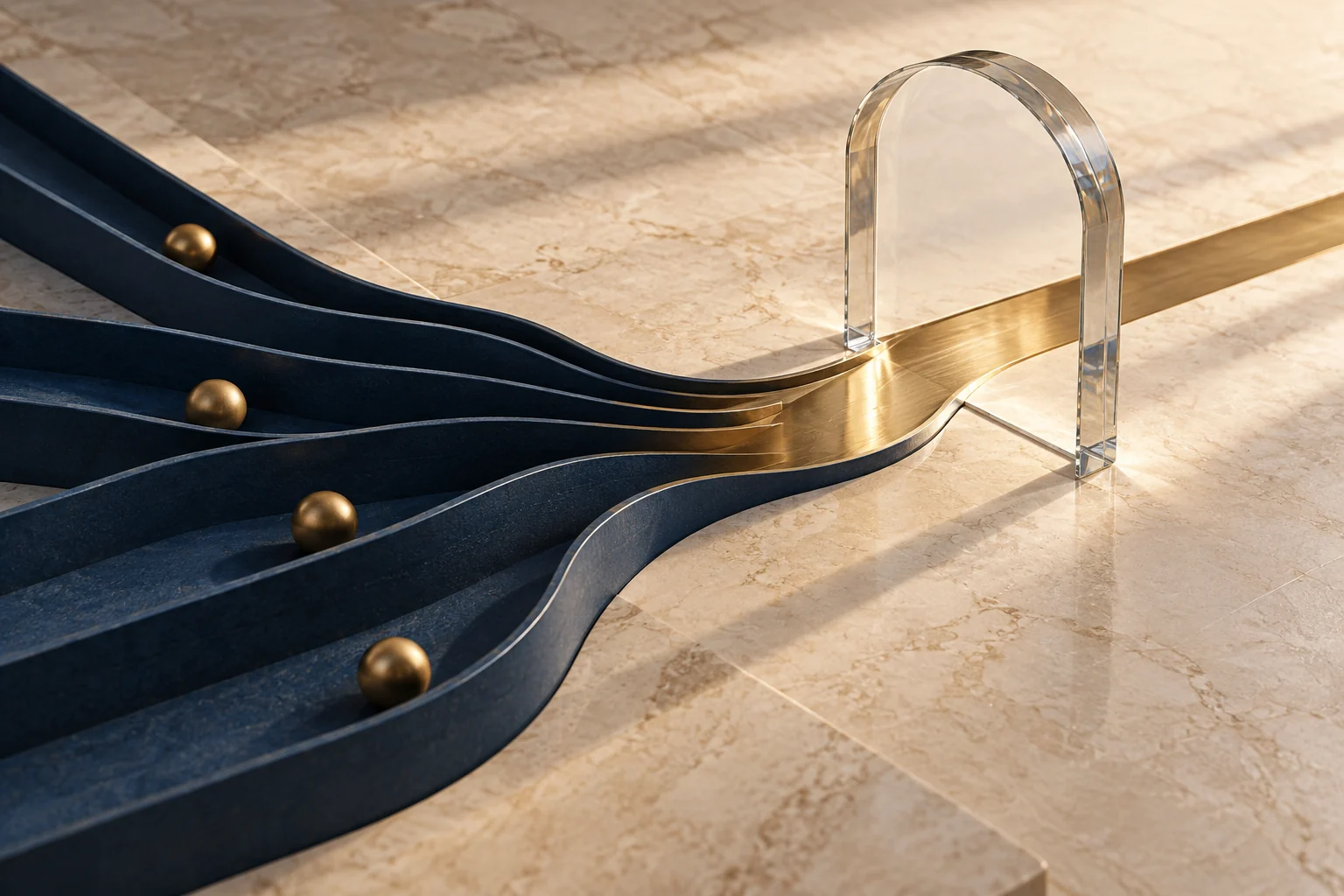 Concept illustration of separate navy channels joining a clear brass pathway through a glass threshold.